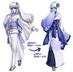  blue_skin comparison hair_ornament ice_crystal japanese_clothes kenkou_cross kimono long_hair monster_girl monster_girl_encyclopedia official_art original sandals snowflake_hair_ornament yuki_onna yuki_onna_(monster_girl_encyclopedia) 