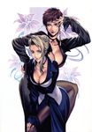  black_eyes blonde_hair blue_eyes breast_hold breasts brown_eyes brown_hair choker cleavage earrings fingernails flower hand_on_head hand_on_hip highres homare_(fool's_art) jewelry large_breasts leaning_forward lipstick long_fingernails makeup mature_(kof) multiple_girls nail_polish open_mouth pantyhose purple_nails red_hair red_nails short_hair side_slit the_king_of_fighters vice 