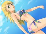  ass bikini blonde_hair day dutch_angle front-tie_top green_eyes hoshii_miki idolmaster idolmaster_(classic) long_hair muhi11234 side-tie_bikini skindentation sky solo swimsuit 