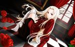  blonde_hair book boots fate/stay_night flowers irisviel_von_einzbern long_hair red_eyes ribbons rose skirt 