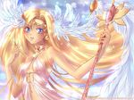  angel blonde_hair blue_eyes feathers long_hair 