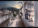  against_wall ankle_boots architecture black_hair boots capri_pants cloud cloudy_sky deviantart_username fishnets forehead_protector hood hood_down hyuuga_hinata jacket knees_together_feet_apart konohagakure letterboxed long_sleeves looking_afar mountain mountainous_horizon naruto_(series) naruto_shippuuden ninja outdoors pants pigeon-toed purple_pants ridwan_chandra_choa sandals sitting sky solo sunset town tree wallpaper watermark white_eyes 