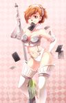  armor bikini_armor brown_eyes brown_hair card card_in_mouth el_(mushboom) falling_card female_protagonist_(persona_3) high-cut_armor mouth_hold one_eye_closed persona persona_3 persona_3_portable polearm smile solo spear thighhighs weapon 