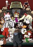  6+girls alcohol animal_ears bad_id bad_pixiv_id blonde_hair blush bow braid breasts brown_hair cat_ears character_request chen china_dress chinese_clothes dress drunk earrings fujiwara_no_mokou gouki hair_bow hakurei_reimu hat highres hong_meiling inubashiri_momiji jewelry large_breasts long_hair mario_(series) mario_paint multiple_boys multiple_girls one_eye_closed pants purple_eyes purple_hair red_eyes red_hair sake sexually_suggestive sharp_teeth short_hair sleeping street_fighter super_mario_bros. suspenders tail teeth touhou twin_braids ume_(noraneko) what white_hair wolf_ears yakumo_yukari yasaka_kanako 