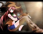  aikagi_gunman_to_aikagi_ninja_(vocaloid) aqua_eyes blush boots breasts chaps cleavage cowboy_hat gloves hat key large_breasts letterboxed long_hair megurine_luka midriff pink_hair shorts sitting solo sukage symbol-shaped_pupils tattoo vocaloid western 