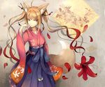  animal_ears blonde_hair blue_hakama copyright_request earrings flower fox_ears grin hair_ornament hakama japanese_clothes jewelry long_hair multicolored_hair pos smile solo twintails very_long_hair wind yellow_eyes 