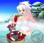  alcohol cat cup fang hairband horn impossible_towel kirin_(armor) melynx monster_hunter naked_towel nekoya onsen red_eyes sakazuki sake towel white_hair 