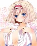  alice_margatroid bad_id bad_pixiv_id blonde_hair blue_eyes blush body_blush floral_background gradient_hair hairband multicolored_hair nanase_nao open_clothes open_shirt pink_hair shirt short_hair solo touhou 