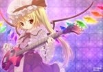  bad_id bad_pixiv_id blonde_hair fang flandre_scarlet frills guitar hat highres instrument plectrum ponytail red_eyes shiny short_hair side_ponytail smile solo tahya touhou wings 