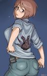  ass bespectacled blush breasts brown_eyes brown_hair casual coconut_crab crab crustacean denim glasses jeans large_breasts looking_back older pants rozen_maiden short_hair sleeves_rolled_up solo souseiseki surprised tsuda_nanafushi 