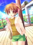  :d casual cellphone cross hirasawa_ui jewelry k-on! light_rays necklace open_mouth phone ponytail ruschuto shorts smile solo sunbeam sunlight 
