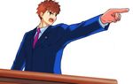  emiya_shirou fate/stay_night fate_(series) gyakuten_saiban male_focus naruhodou_ryuuichi objection parody pointing solo third-party_edit 