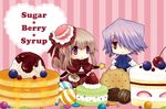  1girl bad_id bad_pixiv_id brown_hair cake candy checkerboard_cookie chocolate cookie couple dress food food_themed_clothes formal hair_over_one_eye hat hetero kuroe_(sugarberry) long_hair macaron oversized_object pancake pandora_hearts pastry ponytail purple_eyes red_eyes ribbon sharon_rainsworth silver_hair syrup xerxes_break 