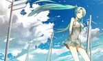  aqua_eyes aqua_hair arms_behind_back cloud day hatsune_miku highres long_hair ooshima_(masa612) open_mouth panties petals power_lines road_sign sign sky solo standing striped striped_panties twintails underwear vocaloid wind 
