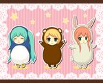  :d ^_^ animal_costume arms_up bear_costume betete bunny_costume closed_eyes hatsune_miku highres kagamine_rin letterboxed long_hair looking_at_viewer megurine_luka multiple_girls open_mouth outstretched_arms sidelocks simple_background smile standing striped striped_background twintails very_long_hair vocaloid 