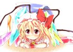  alternate_wings blonde_hair bow chata_maru_(irori_sabou) crossed_arms crystal flandre_scarlet hat lying on_stomach red_eyes solo tears touhou wings wrist_cuffs 
