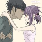  1boy 1girl black_hair blush embarrassed eyes_closed food gorillaz happy lowres murdoc_niccals noodle noodle_(gorillaz) noodles purple_hair short_twintails simple_background smile sweatdrop twintails 
