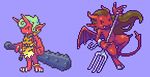  akai_(artist) aliasing barefoot club demon_girl devil game_sprite green_hair horns lowres mace monster_girl oni pixel_art pointy_ears polearm purple_background red_oni simple_background spear spiked_club sprite trident weapon wings 