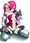  bikini_bottom breasts cleavage detached_sleeves fingerless_gloves gloves green_eyes hair_over_one_eye highres horns medium_breasts navel original pink_hair shuuei solo thighhighs 