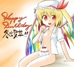  blonde_hair bottomless cake flandre_scarlet food fruit happy_birthday hat naked_shirt no_bra open_clothes open_shirt red_eyes shirt side_ponytail sitting slit_pupils solo strawberry tatukiyuu touhou translated wings 