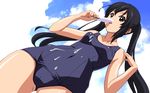  bad_id bad_pixiv_id black_hair brown_eyes cameltoe dutch_angle food from_below highres k-on! licking long_hair nakano_azusa one-piece_swimsuit p496 popsicle school_swimsuit solo swimsuit twintails wallpaper 