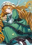  aqua_eyes blue_background boots brown_hair cross-laced_footwear dress drill_hair eyelashes frilled_dress frills green_dress hairband head_scarf heterochromia holding leaf light_smile lolita_fashion long_hair lying otosume_ruiko petals puffy_sleeves red_eyes rozen_maiden shoes suiseiseki very_long_hair 
