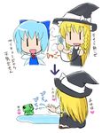  blonde_hair blue_hair bow braid cirno comic frog hair_bow hat kirisame_marisa long_hair lowres melting multiple_girls mundane_utility short_hair tatukiyuu touhou translated wings witch_hat |_| 