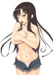  black_hair blush breast_hold breasts cleavage covering cowboy_shot cutoffs denim denim_shorts long_hair medium_breasts muffin_(sirumeria) navel open_clothes open_fly open_mouth original panties shorts solo tongue topless underwear unzipped white_panties 