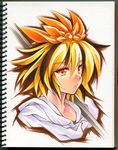  :/ black_hair blonde_hair calnarsa eyeshadow face hair_ornament makeup marker_(medium) millipen_(medium) multicolored_hair polearm portrait short_hair solo toramaru_shou touhou traditional_media two-tone_hair weapon yellow_eyes 