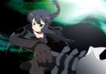  bad_id bad_pixiv_id black_hair black_rock_shooter blush dead_master green_eyes horns long_hair massala pinky_out scythe smile solo weapon 