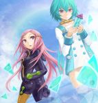  anemone_(eureka_seven) aqua_hair ass bodysuit collar day eureka eureka_seven eureka_seven_(series) hair_ornament hairclip long_hair multiple_girls pink_hair purple_eyes short_hair sky yato 