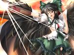  arm_cannon bow breasts green_bow hair_bow kuragari long_hair medium_breasts red_eyes reiuji_utsuho solo third_eye touhou weapon wings 