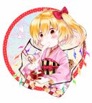  1girl ahoge alternate_costume bangs blonde_hair blush boar bowl chibi chinese_zodiac chopsticks commentary_request cropped_torso crossed_bangs eating eyebrows_visible_through_hair eyes_visible_through_hair flandre_scarlet floral_background frame gem gradient gradient_background gradient_eyes hair_ribbon heart highres holding holding_bowl holding_chopsticks japanese_clothes kimono long_sleeves looking_away miso_soup mochi multicolored multicolored_eyes obi one_side_up out_of_frame pink_kimono red_ribbon ribbon sash short_hair solo tareme touhou upper_body wide_sleeves wings year_of_the_pig yurara_(aroma42enola) 