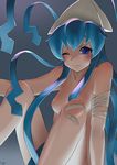  bad_id bad_pixiv_id bandages bandaid blue_eyes blue_hair breasts highres ikamusume implied_masturbation medium_breasts mugi-b nipples nude one_eye_closed shinryaku!_ikamusume sitting solo tentacle_hair 