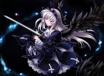  dress flower frills hairband highres long_hair meimei mtyy pink_eyes rozen_maiden silver_hair solo suigintou sword weapon wings 