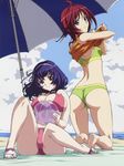  absurdres artist_request ass ball beach beach_umbrella beachball bikini breasts cleavage day front-tie_top hairband highres kneeling large_breasts long_hair looking_back multiple_girls oribe_mafuyu parasol purple_eyes red_eyes red_hair sandals seikon_no_qwaser short_hair sitting swimsuit umbrella undressing yamanobe_tomo 