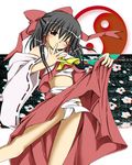  ascot black_hair bow brown_eyes detached_sleeves finger_to_mouth fundoshi hair_bow hakurei_reimu japanese_clothes mandara_misaki one_eye_closed red_eyes sarashi skirt skirt_lift solo touhou yin_yang 