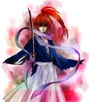  a_mimimi blood frame frown gradient himura_kenshin japanese_clothes katana male_focus ponytail red_hair rurouni_kenshin scar scarf solo sword weapon 