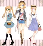  america_(hetalia) axis_powers_hetalia bag belt black_legwear blonde_hair blue_eyes boots denim denim_shorts france_(hetalia) genderswap glasses green_eyes hair_ornament hair_ribbon hairclip handbag hat multiple_girls purple_eyes ribbon shorts socks twintails united_kingdom_(hetalia) 