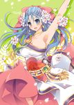  arm_up armpits bad_id bad_pixiv_id blue_eyes blue_hair blush bow breasts cleavage dragon_quest dragon_quest_v dress earrings flora flower green_background hair_bow hair_flower hair_ornament half_updo jewelry kotoji large_breasts long_hair pink_bow pink_dress skindentation solo 