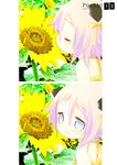  androgynous animal_ears blue_eyes blush cat_ears crona_(soul_eater) dress eyes_closed flower gender_in_question? hair_ribbon happy happy_face makenshi_chrona open_mouth pink_hair ribbon short_hair smile soul_eater sunflower yellow_dress 