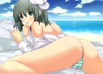  ass bad_id bad_pixiv_id beach black_hair blush cameltoe cloud day finger_in_mouth green_eyes green_hair hat lying murasa_minamitsu ocean open_mouth outdoors panties sailor sailor_hat shinekalta short_hair solo striped striped_panties thong touhou underwear water 