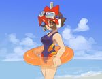  alternate_costume atlas bangs beach blue_swimsuit breasts brown_hair cloud competition_swimsuit day goggles goggles_on_head gradient hair_between_eyes headset innertube looking_afar medium_breasts multicolored_hair one-piece_swimsuit outdoors profile red_eyes red_hair rockman rockman_zx rockman_zx_advent shigehiro_(hiroi_heya) short_hair sky solo spiked_hair standing swimsuit transparent two-tone_hair water 