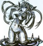  blue blue_eyes breasts chikokuma goo_girl large_breasts long_hair metal monochrome monster_girl navel original silver_hair solo 