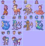  6+girls akai_(artist) akai_(ugokashitari) aliasing animal_ears armor centaur centauress combination cyclops dullahan fish_girl flat_chest green_hair mermaid monster_girl multiple_girls octopus_girl pixel_art plant_girl pointy_ears purple_background simple_background sprite 