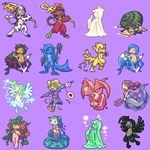  6+girls akai_(artist) akai_(ugokashitari) aliasing animal_ears ankh combination goo_girl harpy horns lamia monster_girl multiple_girls nude oversized_object pixel_art plant_girl purple_background scarecrow simple_background slime slimegirl snail_girl spider_girl sprite trident wings 