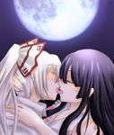  arekkusu bad_id bad_pixiv_id black_hair bow closed_eyes couple french_kiss fujiwara_no_mokou full_moon hair_bow houraisan_kaguya kiss long_hair moon multiple_girls night saliva silver_hair tears touhou yuri 