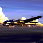  airplane b-17_flying_fortress bomber cloud flying gun highres military military_vehicle no_humans original pilot sky sunset tsubasa_(abchipika) weapon world_war_ii 