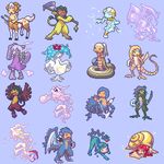  6+girls akai_(artist) akai_(ugokashitari) aliasing animal_ears bandage centaur centauress combination goo_girl harpy lamia monster_girl multiple_girls pixel_art plant_girl purple_background scorpion_girl simple_background slime slimegirl snail_girl spider_girl sprite wings 