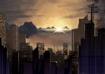  bad_id bad_pixiv_id building city cityscape copyright_request harupaca highres mountain no_humans scenery sun sunset 